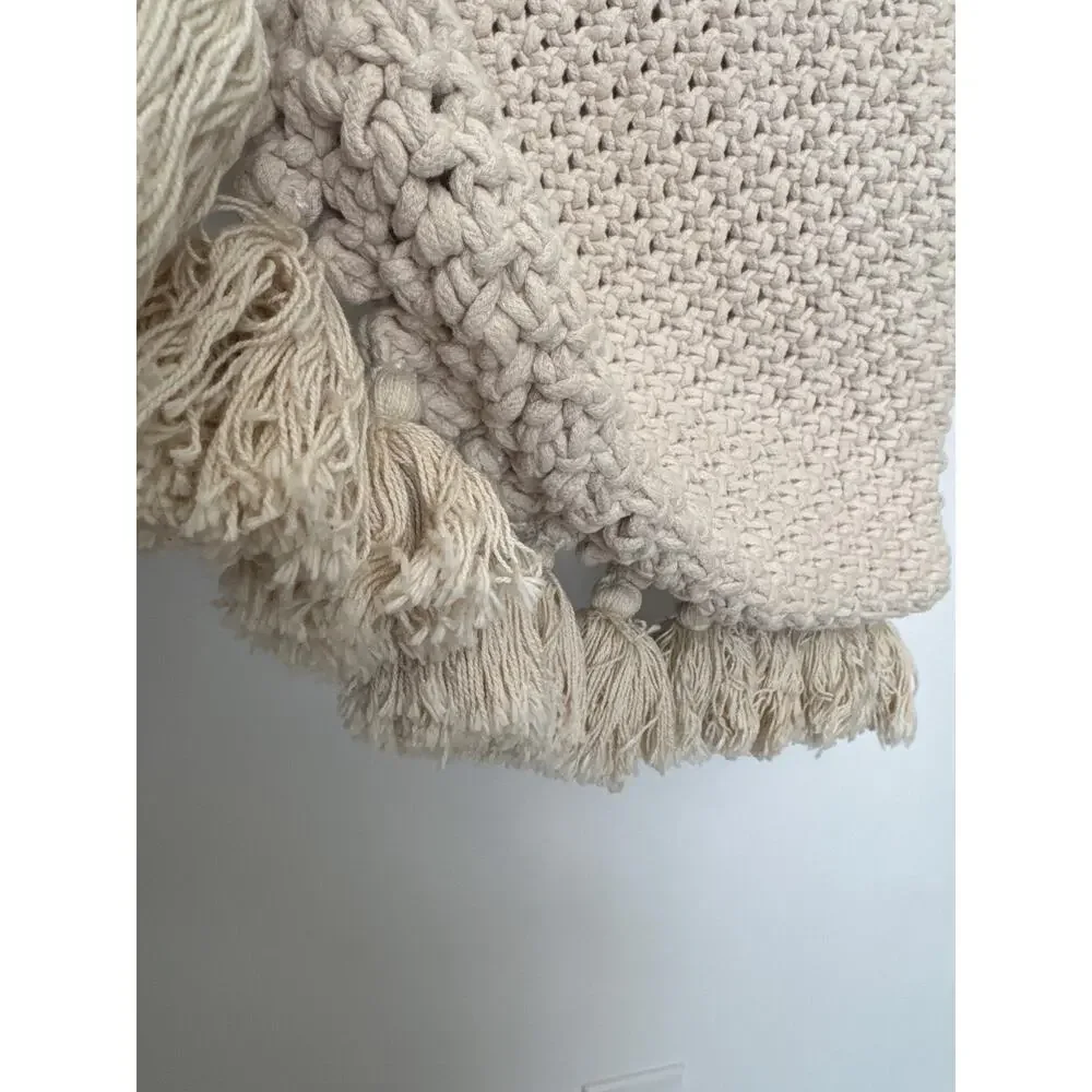 Cleobella 2010s Cream Macramé Cotton Tote Wooden Handle Boho Bag